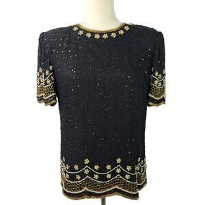 Laurence Kazar Black Gold White Silk Sequin Beads Vintage Top Shirt  Medium